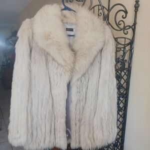 Vintage Real Blue Fox Fur Coat Finland Cream White Mid Stroller Length Jacket M